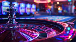 Dealer Live Blackjack di studio kasino dengan kartu dan chip terlihat jelas